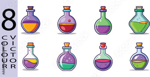 Flat Potion Bottle Illustration Magic Elixir and Fantasy RPG Vector Icon,8 COLOUR VICTOR