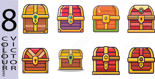Flat Treasure Chest Illustration Pirate Gold and Fantasy Adventure Vector Icon,8 COLOUR VICTOR.