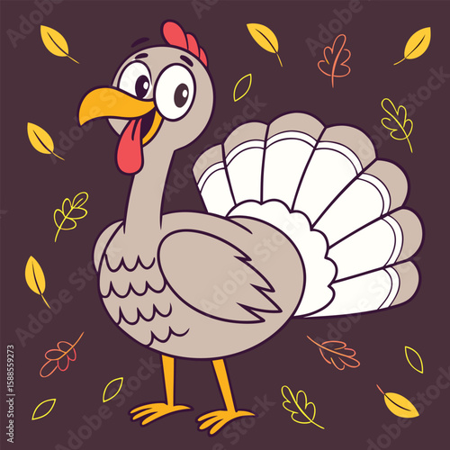 A Festive Cartoon Turkey Surrounded by Autumn Leaves Celebrating Thanksgiving