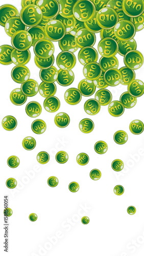 Vitamin Q10 round capsules scattered randomly.