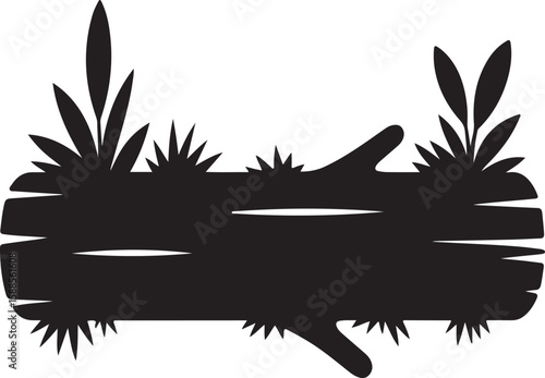 Stylized black silhouette of a fallen log with grass and foliage