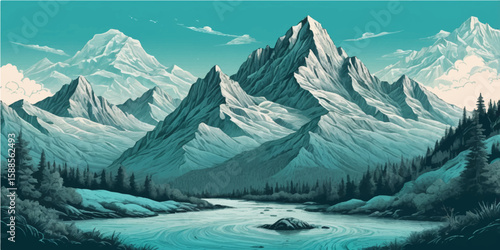 Snowy winter mountain landscape with high peaks and a panoramic sky