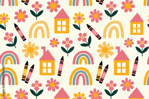 Seamless pattern with rainbows, houses, flowers, and crayons