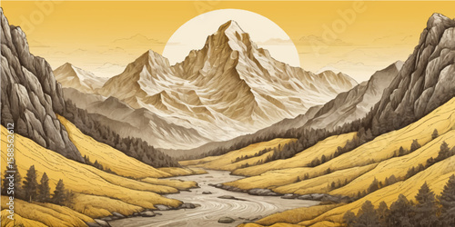 A breathtaking panoramic view of a vibrant sunset over the snow-capped Swiss Alps, with a majestic peak dominating the winter landscape