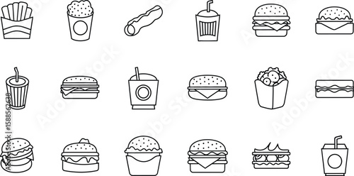 A monochrome line art pattern featuring various fast food items in a repeating arrangement on white background