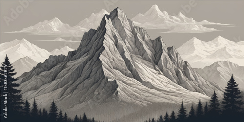 Snowy mountain landscape with majestic peaks, a panoramic winter wonderland of ice and sky in the Alps