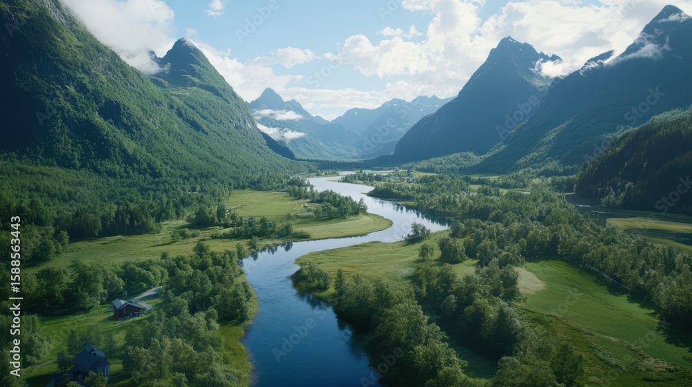 Fototapeta premium Serene Mountain River Vista: A breathtaking landscape featuring a winding river flowing through a verdant valley embraced by towering mountains. Capturing the raw beauty and tranquility of nature.