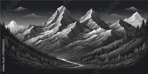 Snowy mountain peaks touch the morning sky, revealing a majestic winter landscape