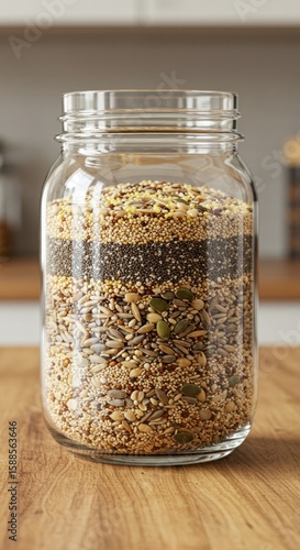 Clear glass jar filled with layered, healthy grains and seeds