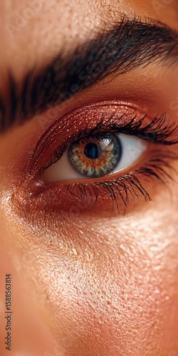 Close-up of a Woman's Eye with Shimmering Pink Eyeshadow and Defined Eyebrows.