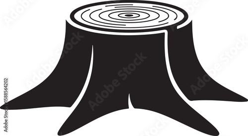 Stylized black silhouette of a tree stump with visible rings and roots