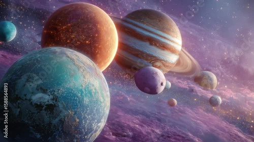 Alien planets in a vibrant nebula cosmic scene space exploration fantasy artwork 4k video footage, loop, animation