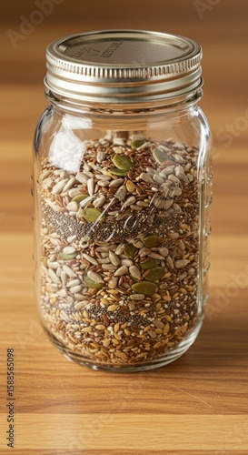 Glass jar filled with mixed seeds and grains