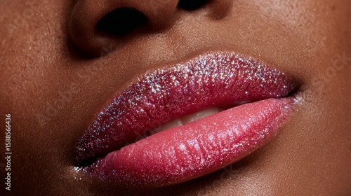 Close-up of Glossed Lips with Iridescent Glitter and Pastel Pink Hue.