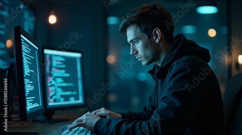 Man coding on dual monitors in a dark room with blue lighting.