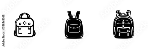 Black icons of various backpack designs showcasing different styles and shapes for education and travel purposes