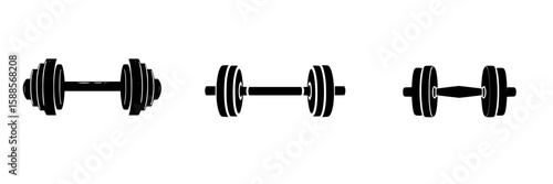 Stylized black icons representing various types of dumbbells for fitness and gym activities