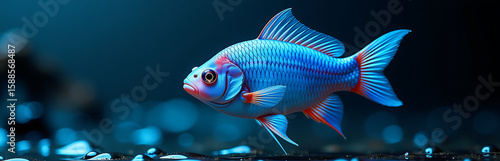 bright blue fish swims playfully amidst vibrant abstract brushstrokes simulating water droplets dark background