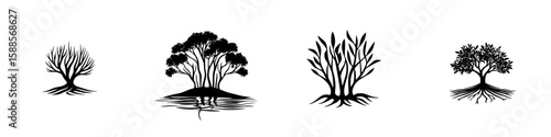 Different types of stylized black tree icons showcasing varying shapes and features for graphic design purposes
