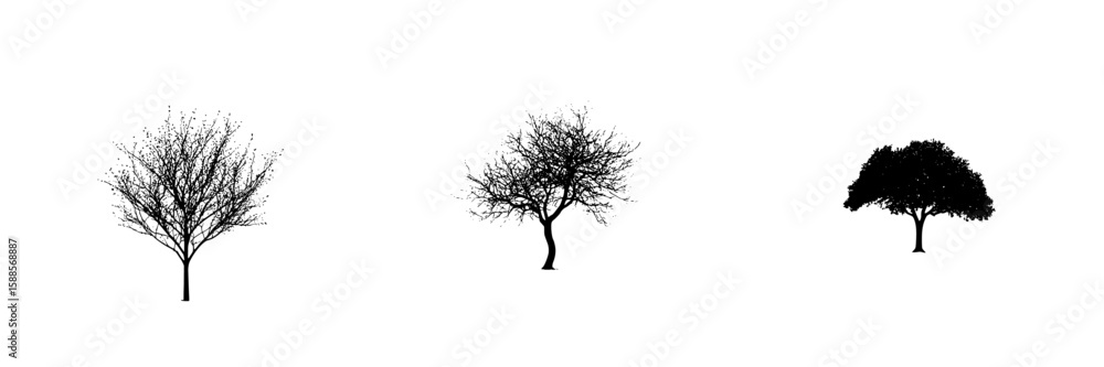Fototapeta premium Silhouetted black tree icons depicting different shapes and styles against a white background for graphic design use