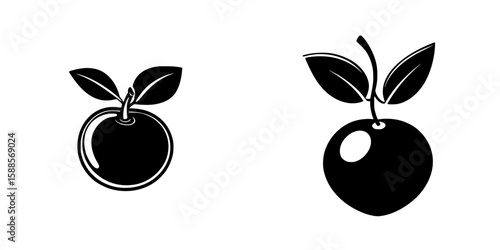 Black fruit icons representing an orange and a generic apple on a simple white background, ideal for graphic design or illustration purposes