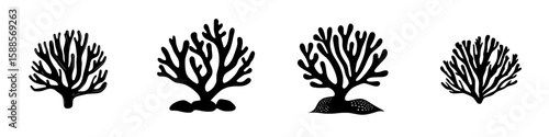 Various styles of black coral icons for artistic and design purposes displayed in a clean layout