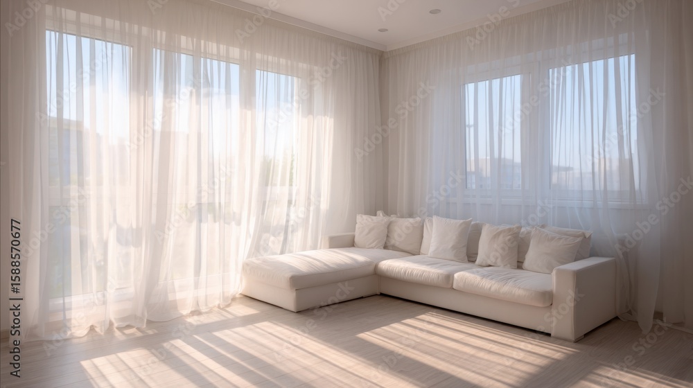 Fototapeta premium Bright sunlight streaming through white curtains in modern minimalist living room
