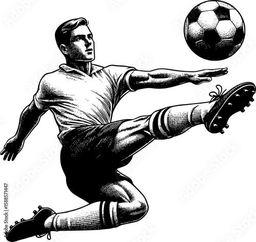 Detailed black and white vintage engraving-style illustration of a soccer player kicking the ball mid-air. Ideal for retro themed sports posters, editorial prints, educational books