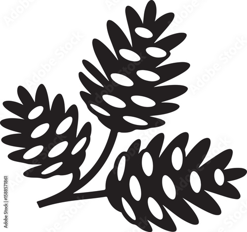 Three pine cones on a branch with oval shapes inside silhouette