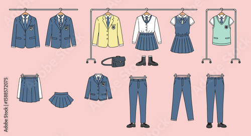 Illustrations of various school uniforms, including jackets, skirts, pants, and shirts, displayed on hangers.