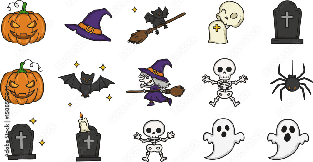Naklejka premium Spooky Halloween pumpkin set vector illustration for an autumn holiday celebration