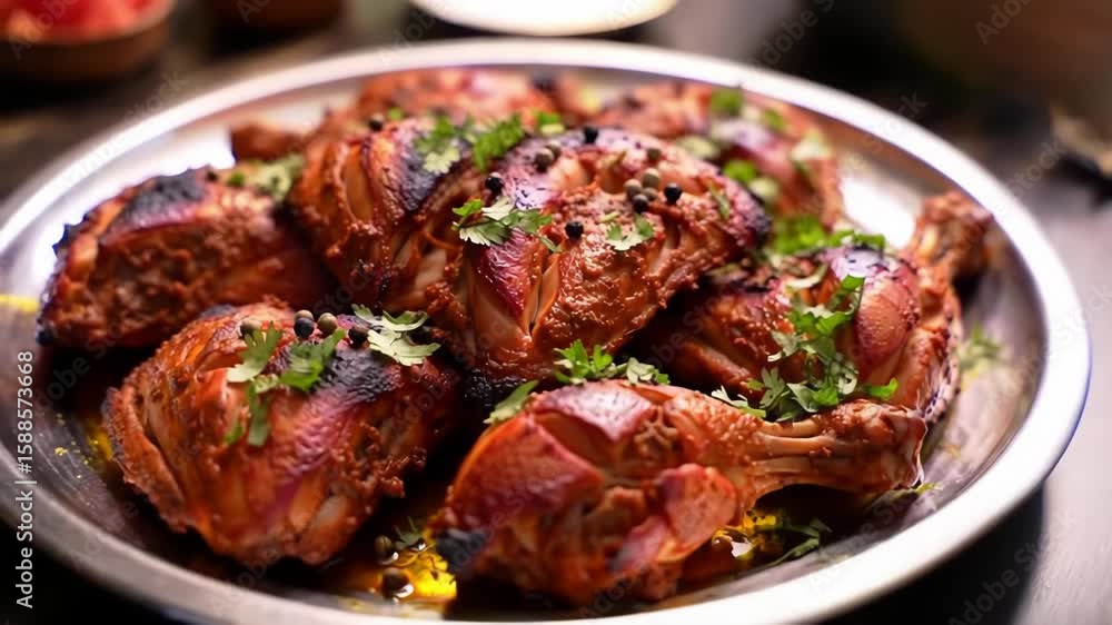 Close-up of spicy roasted chicken legs served on a platter Close-up of spicy roasted chicken legs served on a platter