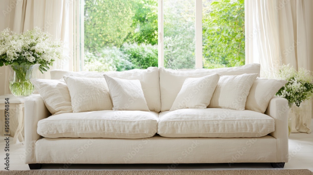 Fototapeta premium Clean neutral-toned sofa in minimalist living space with bright natural sunlight
