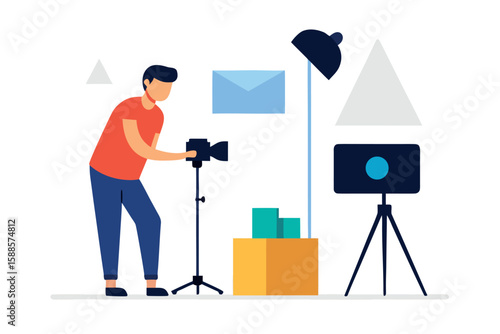 Photographer setting up equipment for a product photoshoot with lighting and camera