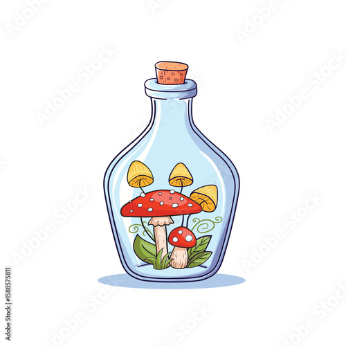 A glass bottle with poisonous mushrooms, toxic ingredients for a witch's potion, magical elements