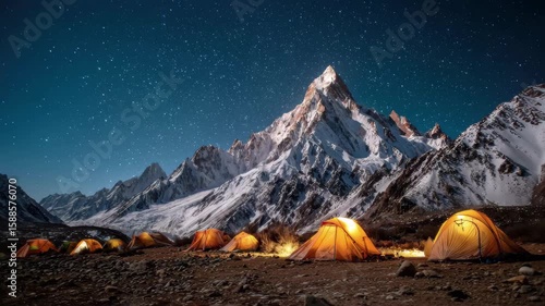 Illuminated Camps Under Starry Night Majestic Mountain 4k video footage, loop, animation