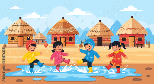 Four children in rain gear splashing in a puddle in front of traditional African huts.