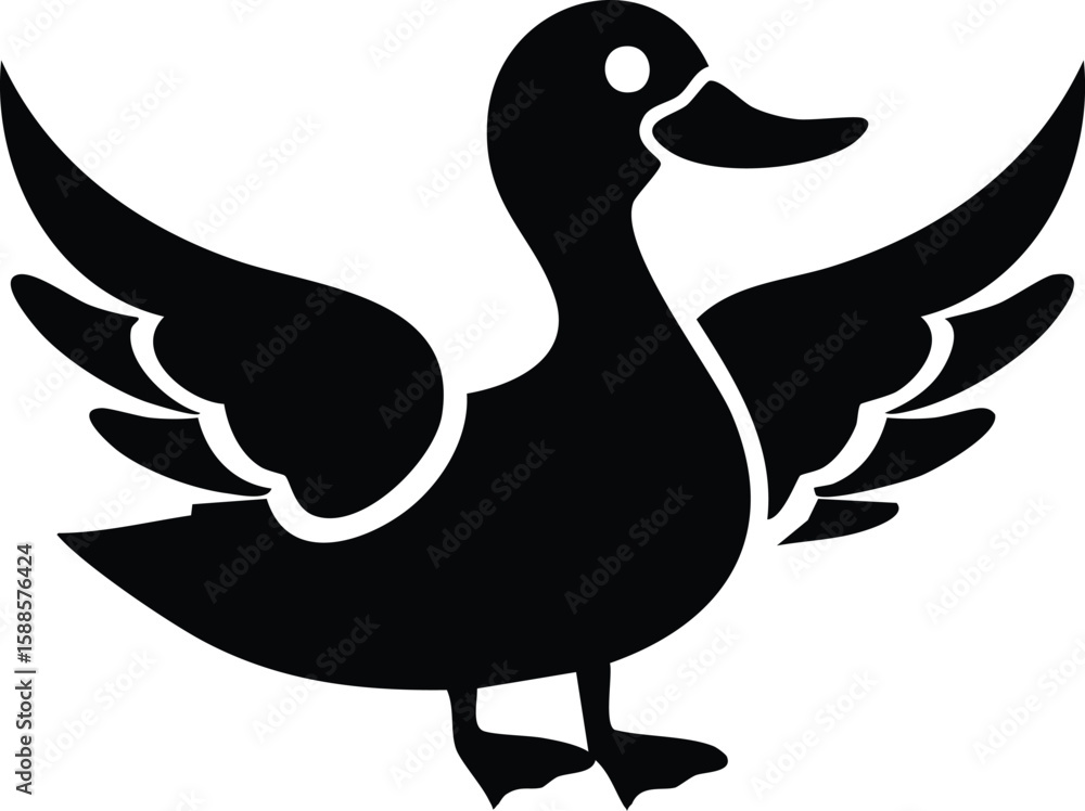 Fototapeta premium Vector Stylized Duck Silhouette with Outstretched Wings in Symmetrical Front View on Light Background