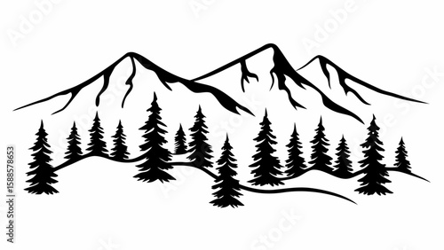 Black and white mountain range landscape with pine trees in a forest silhouette illustration style design