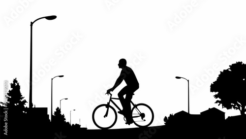 Silhouette of a cyclist riding on a road with streetlights and trees in the background on a white background