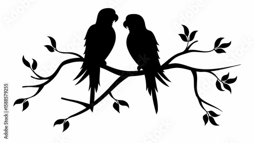 Silhouette of two parrots perched on a branch with leaves in a simple black and white illustration