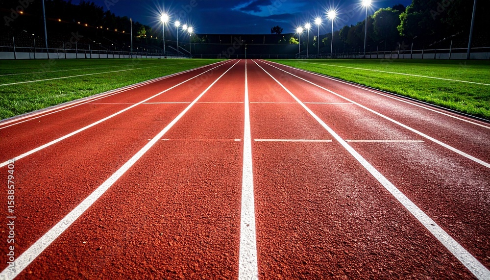 Fototapeta premium Nighttime running track with red lanes, white markings, and illuminated surroundings