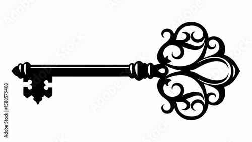 Ornate vintage key in black and white with intricate scrollwork and detailed design elements shown clearly