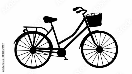 Illustration of a black silhouette bicycle with a basket and a rear rack design element