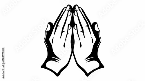 Illustration of two hands clasped together in a gesture of prayer or supplication in black and white
