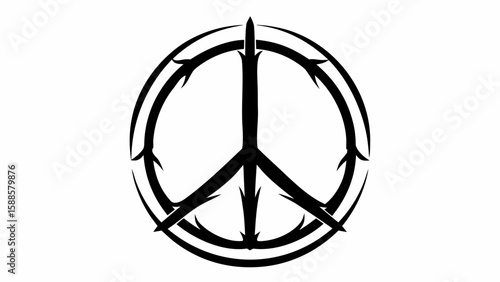 Illustration of a black peace symbol encircled by a double ring with thorns on a white background