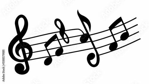 A musical staff with a treble clef and various black musical notes arranged on the horizontal lines
