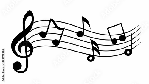 Black and white illustration of musical notes and a treble clef on a wavy staff lines design