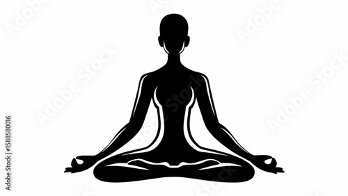 Silhouette of a woman in lotus position meditating with hands in mudra posture on a white background