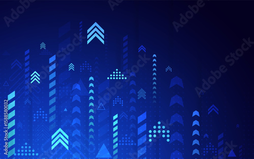 Business growth concept. Blue background with glowing arrows. Data technology template. Abstract geometric shapes and digital futuristic design. Finance or success theme. Vector illustration.